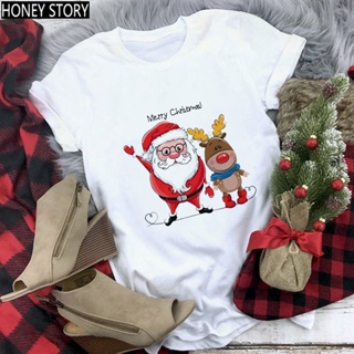 🎅คริสต์มาส🎄Merry Christmas เสื้อยืด ซานต้าน่ารัก กวางเรนเดียร์น่ารักเสื้อยืดคอกลมพิมพ์ลายการ์ตูนคริสต์มาส t-shirt No.0