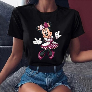 ถูกที่สุด Mouse Print T Shirt Women Cartoon Tops Ladies Summer Short Sleeveed Female T-shirt Black O-neck Tees Tshirt