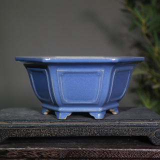 Jingdezhen กระถางดอกไม้เซรามิค เคลือบเงา หกเหลี่ยม ขนาดเล็ก สีฟ้าล้วน