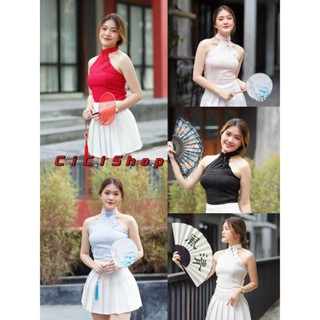 Cicishop(3059)Crop top เสื้อครอปกี่เพ้าคอจีนกิมมิคผ้าทอลาย ใส่ต้อนรับลุคตรุษจีนปังๆ