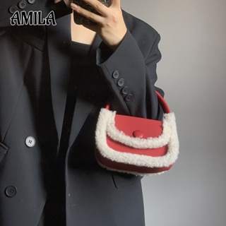 AMILA ขนแกะเย็บกระเป๋ามินิร่อซู้ลผู้หญิงกระเป๋าถือขนาดเล็กสีแดงปีใหม่สไตล์ร้อนแรง