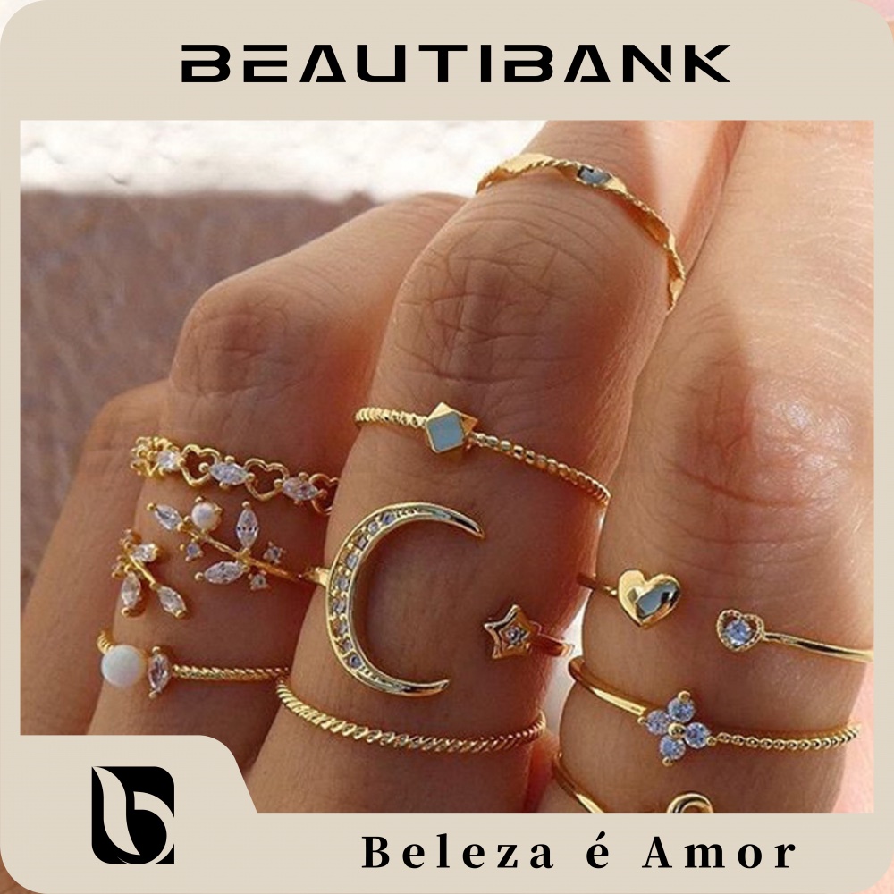 beautibank-ชุดแหวนเพชร-รูปดาว-ดวงจันทร์-หัวใจ-ใบไม้-ประดับมุก-แฟชั่น-10-ชิ้น