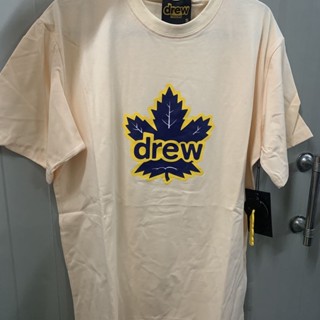 DREW HOUSE กระดาษใบเมเปิ้ลหน้ายิ้ม ลายพิมพ์ใบเมเปิ้ล ของผู้ชายและผู้หญิง เสื้อยืดเบอร์เบอร์แขนสั้นลายใบไม้ ลายใบไม้สีเดียวกัน