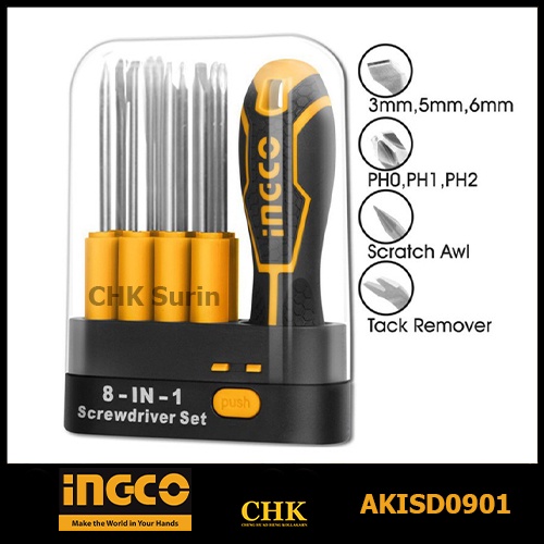 ingco-ชุดไขควง-อเนกประสงค์-เปลี่ยนหัวได้-8-in-1-9-ชิ้นชุด-interchangeable-screwdriver-set-ไขควงชุด-akisd0901