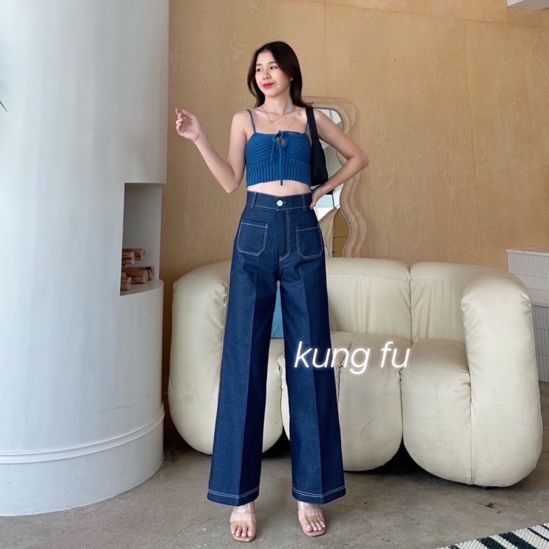 กางเกงยีนส์-ผ้ายืด-ทรงขากระบอกเอวสูงแนวมินิมอล-ทรงสวยมากๆ