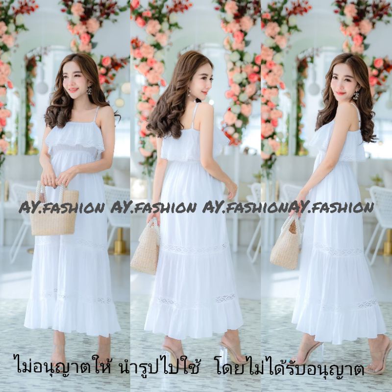 แม็กซี่เดรสสายเดี่ยวแต่งผ้าระบายเอวจั้มเข้ารูปกระโปรงปล่อยพริ้วแต่งผ้าลูกไม้คาดน่ารักไปมีซับในครึ่งตัวจ้างานคุณภาพ
