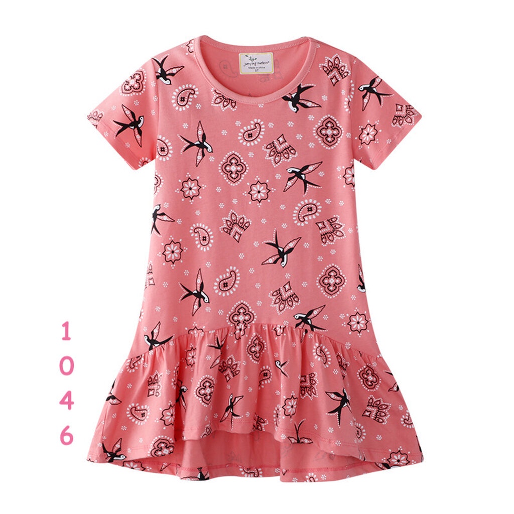 dress-1046-ชุดกระโปรงเด็กผู้หญิงสีชมพูลายนก
