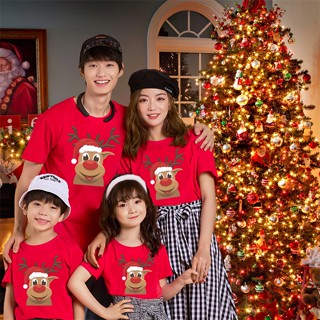 T-shirt เสื้อยืดแขนสั้นลายคริสต์มาสกวางคริสต์มาสน่ารักหลวม Merry Christmas เสื้อยืดคริสมาส เสื้อยืดคริสต์มาสสีแดง No.004