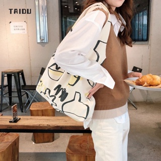 TAIDU กระเป๋าสะพายข้างผ้าแคนวาส สไตล์ญี่ปุ่นในลายเส้นกราฟฟิตี้แบบมินิมอล กระเป๋าช้อปปิ้ง ความจุขนาดใหญ่