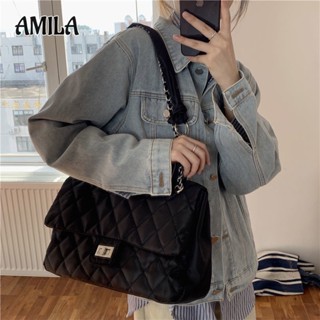 Amila กระเป๋าสะพายไหล่ ผ้าไนล่อน ความจุสูง แต่งสายโซ่คล้อง สไตล์วินเทจ สําหรับผู้หญิง