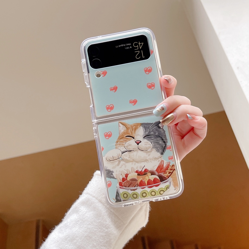 เคสโทรศัพท์มือถือแบบแข็ง-ใส-กันกระแทก-ลายการ์ตูนแมวเชอร์รี่น่ารัก-สําหรับ-samsung-galaxy-z-flip-3-5g-z-flip-4-pc