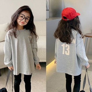 เสื้อยืดลําลอง แขนยาว คอกลม พิมพ์ลายตัวอักษร ทรงหลวม สําหรับเด็กผู้หญิง