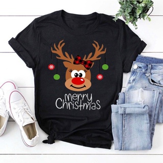 เสื้อยืดคริสต์มาส Merry Christmas Elk   Short Sleeve O Neck Tshirt  Tee  Tops Women 06