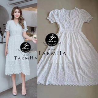 3Dรับงานบุญ!!! S-2XL Dress เดรสสีขาวปักดอกไม้3มิติแขนพอง งานป้าย Tarm Ha