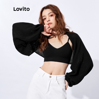 สินค้า Lovito เสื้อกันหนาว เสื้อคาร์ดิแกน แขนยาว เปิดหน้า สไตล์เกาหลี สําหรับผู้หญิง L32FW062 (สีดํา)