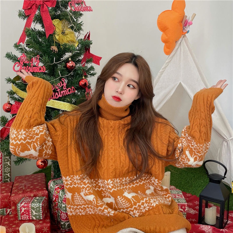 เสื้อไหมพรมปีใหม่คริสต์มาสฤดูใบไม้ร่วงและฤดูหนาวเสื้อไหมพรมคอเต่าสีแดงขี้เกียจ