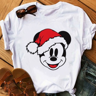 Fashion Christmas Mickey Women T Shirt Disney 2023 Happy New Year Ropa Aesthetic Mujer Short Sleeve Home Casual Blouses