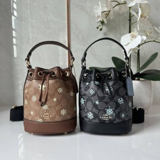 Coach Dempsey Drawstring Bucket Bag In Signature Canvas With Snowflake Print