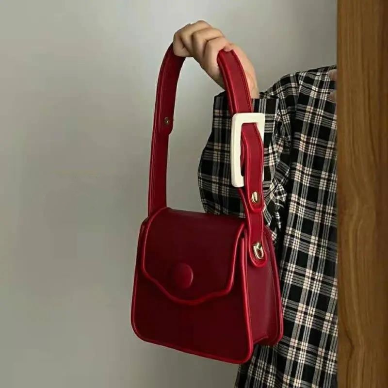 กระเป๋าสะพายไหล่ สะพายข้าง หนัง PU สีไวน์แดง เรียบง่าย แฟชั่นสําหรับ ...