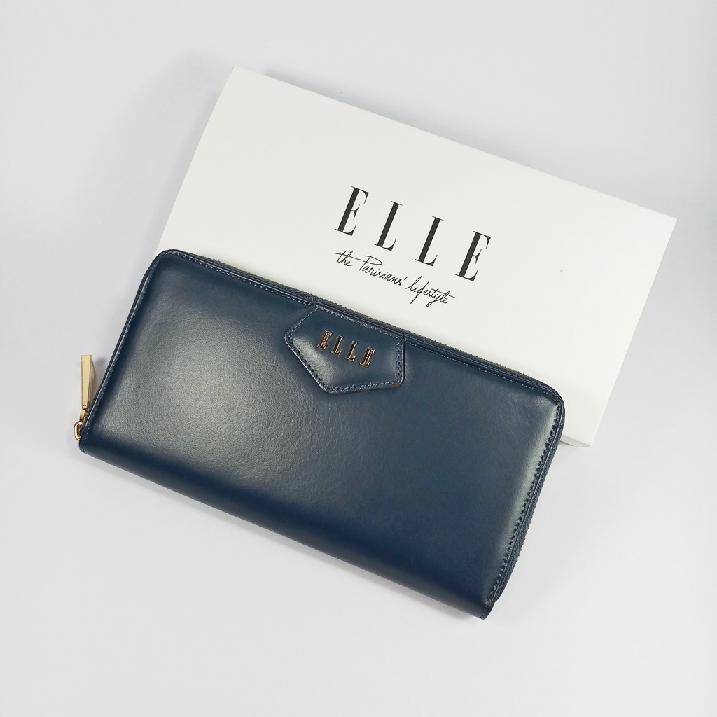 elle-bag-กระเป๋าสตางค์ผู้หญิงใบยาว-ซิปรอบ-สีน้ำเงินกรมท่า-หนังแท้หนังเรียบ-อะไหล่ทอง