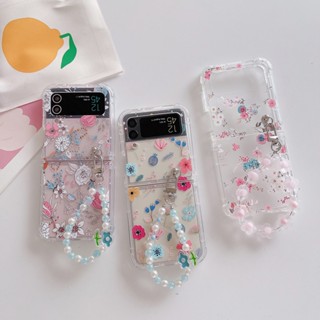 เคสโทรศัพท์มือถือ PC กันกระแทก ลายดอกไม้ พร้อมสายโซ่คล้อง สําหรับ Samsung Galaxy Z Flip 4 5G Z Flip 3