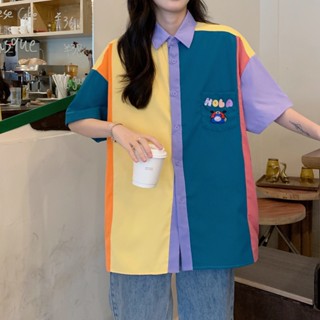 Floerns เสื้อเชิ้ตแขนสั้น ความยาวปานกลาง แบบบาง ทรงหลวม สีคอนทราสต์ สไตล์วินเทจ สําหรับผู้หญิง