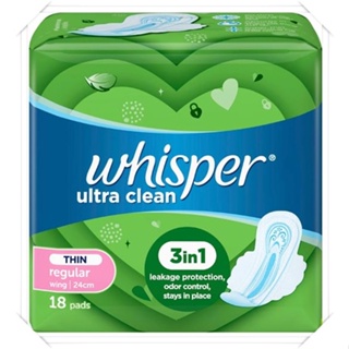 Whisper ulrea clean THIN regular (24 cm.) วิสเปอร์ อัลตร้า คลีน ธิน เรคกูล่าร์ ผ้าอนามัย ปริมาณสุทธิ 18 ชิ้น