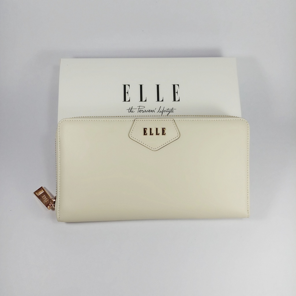 elle-bag-กระเป๋าสตางค์ผู้หญิงใบยาวซิปรอบ-สีขาวครีม-ใบใหญ่-หนังเรียบ-อะไหล่สีทอง