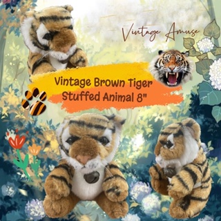 ตุ๊กตาเสือโคร่ง ท่านั่ง งานวินเทจ Amuse ป้ายรุ่นเก่า ป้ายจางนิดหน่อย Vintage Amuse Brown Tiger Stuffed Animal 8"