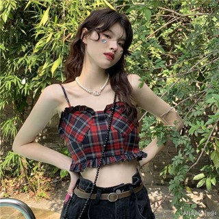 🍷จัดส่งไว# 🍠🍯Retro Hot Girl เสื้อกั๊กลายสก๊อตสลิงหญิง 2022 ใหม่ส่วนสั้นสะดือเปิดเผยสวมด้านนอกด้านใน