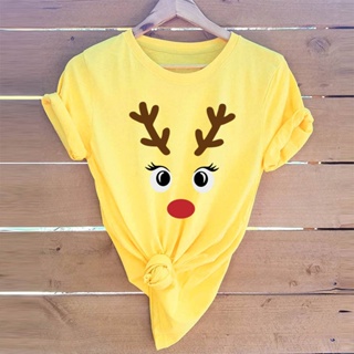 Christmas Deer Print Fashion Summer T Shirt Oversize Women Cotton TShirts O-Neck Short Sleeve Casual Tee Topsเสื้อยืดผู้