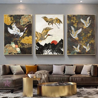 โปสเตอร์ภาพวาดสีน้ํามัน รูปนกกระเรียนธรรมชาติ สไตล์จีน สีทอง สําหรับตกแต่งผนัง ห้องนั่งเล่น
