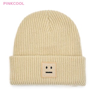 Pinkcool น่ารัก หน้ายิ้ม ฉลาก ฤดูหนาว ถัก หมวก เย็บปักถักร้อย Unisex ผู้ใหญ่ หมวกบีนนี่ กลางแจ้ง ขายดี