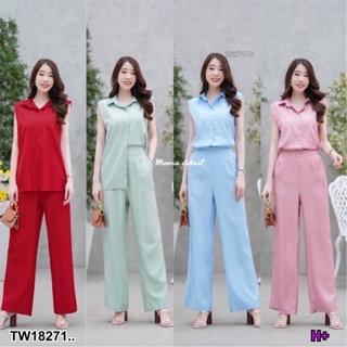 TW18271 Set 2 ชิ้นเสื้อปกเชิ้ตแขนกุด+ กางเกงขายาว