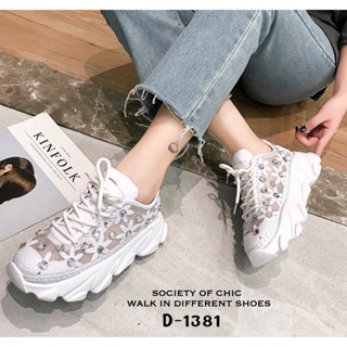 D-1381 รองเท้าผ้าใบแบบสวม ผ้ามุก แบบผูกเชือกงานน่ารัก