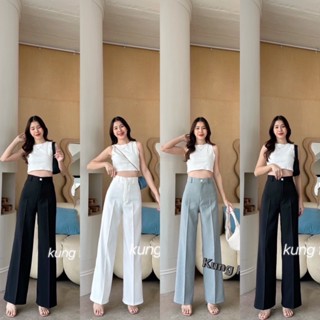 💎🔥กางเกงขากระบอกเอวสูง แต่งกระดุม (ผ้าซาติโน่)ทรงเรียบหรูดูแพง ผ้าดีทรงสวยมาก