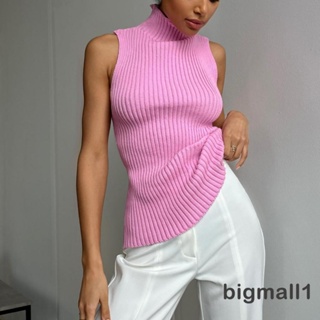 Bigmall- ผู้หญิง คอเต่า สีพื้น ทรงสลิมฟิต ถัก แขนกุด เสื้อกล้าม สตรีทแวร์