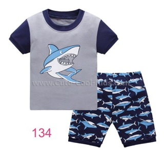 S-HUB-134 ชุดนอนเด็กชายแขนสั้นขาสั้น สีเทา ปลาฉลาม