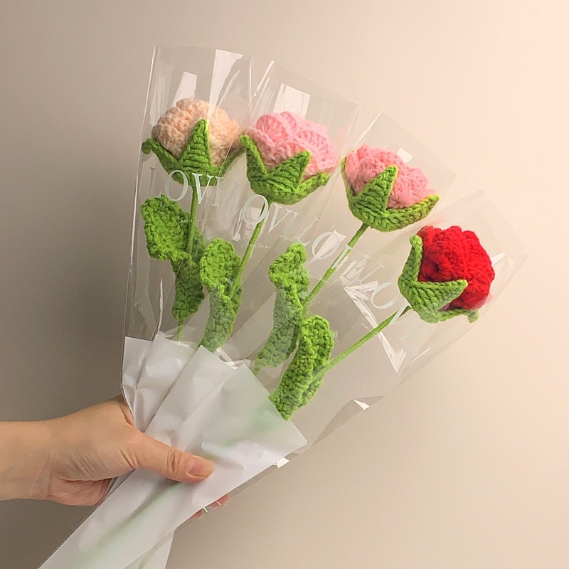 ช่อดอกกุหลาบประดิษฐ์-ผ้าวูลถักโครเชต์-ถักโครเชต์-diy-สําหรับของขวัญวันเกิด-งานแต่งงาน-วาเลนไทน์