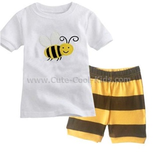 S-HUB-005 ชุดนอนเด็กผู้ชายแขน สั้นขาสั้น สีขาว ลายผึ้ง