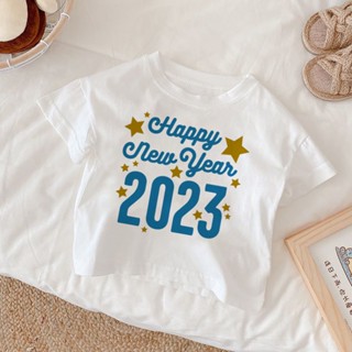 [S-5XL]ผ้าฝ้าย 100% [S-5XL]เสื้อยืดแขนสั้น พิมพ์ลาย Happy New Year สีขาว สําหรับปาร์ตี้ปีใหม่ 2023
