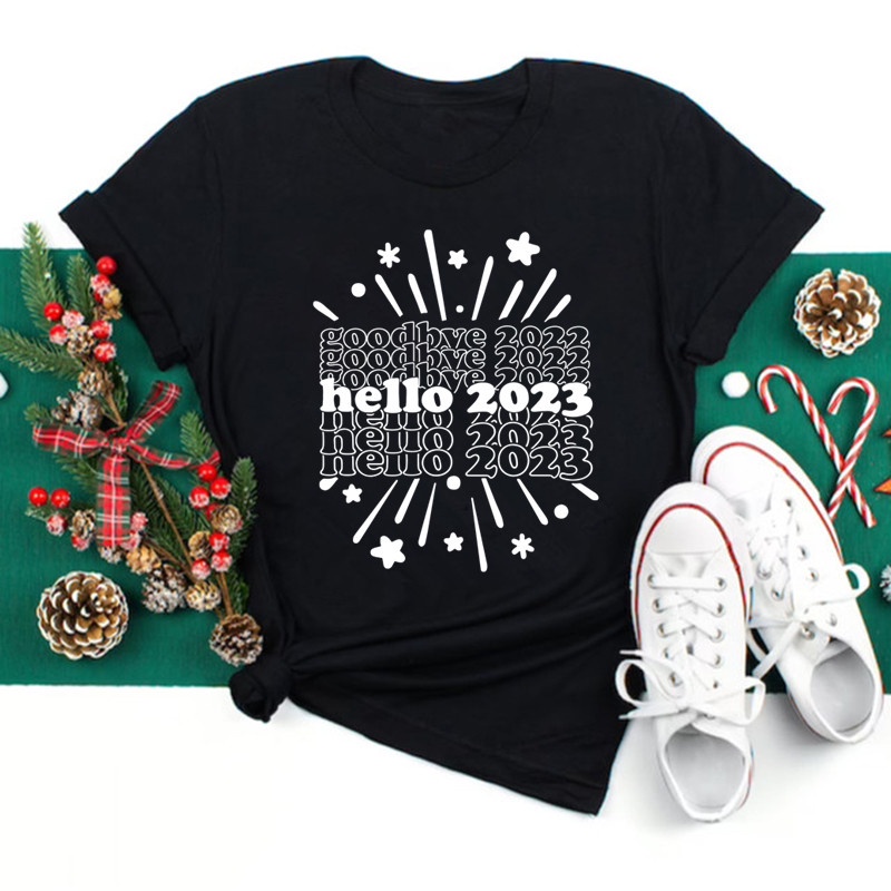 ready-stock-hello-2023-women-t-shirt-black-short-sleeve-new-year-tops-casual-christmas-teeเสื้อยืดผู้หญิง