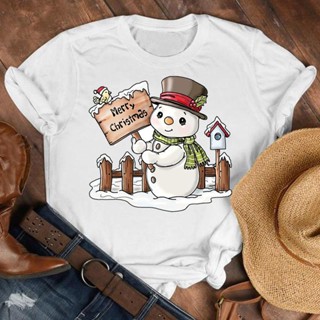 เสื้อยืดแขนสั้น ผู้หญิงแฟชั่นเมอร์รี่วันหยุดคริสต์มาสฤดูหนาว T-shirt Nice Snowman สไตล์ด้านบนกราฟิกสวยเสื้อทีทีปีใหม่