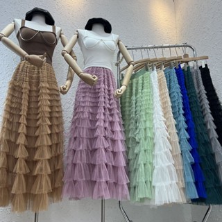 กระโปรงทรงย้วย 🌈 Ruffles นางฟ้าอารมณ์เกาหลีกระโปรงยาวบางเอวสูงทรงเอกระโปรงเค้กตาข่าย