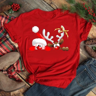 ▪•▪น่ารักซานตาคลอสกวาง Graphic Tee เสื้อ Merry Christmas เสื้อใหม่ผู้หญิงเสื้อยืดคริสต์มาสเสื้อยืดลำลองหญิงสีแดงเสื้อยืด