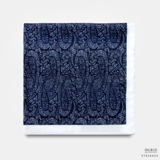 Navy Blue &amp;White Paisley Graphics Pocket Square-ผ้าเช็ดหน้าลายลูกน้ำสีกรมท่า