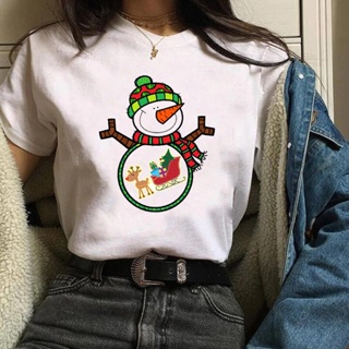 ⚡️ พร้อมส่ง⚡️ Cartoon Christmas Snowman Womens Tees Lady T-Shirt Ladies Casual Cotton Short Sleeve Tops Graphic Tee