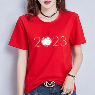 ผ้าฝ้าย 100% เสื้อยืดผ้าฝ้าย 2023 2023 Year Of The Rabbit Red Loose Short-Sleeved T-Shirt Women Summer Benming New Year