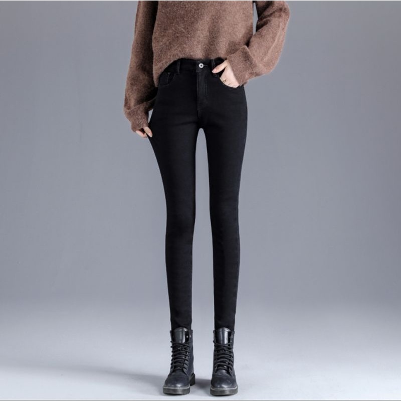 กางเกงยีนส์บุขน-ช่วยเรื่องกันหนาวได้ดีมาก-ทรงสวย-สกินนี่ขายาวสีดำ