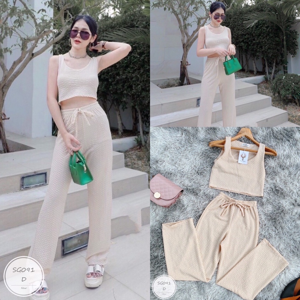 es091-เซตเสื้อครอปกางเกงขายาว-เสื้อแขนกุด-กางเกงขายาว-เอวสม้อกหลัง-แต่งเชือกผูกโบว์-งานผ้ายืดลายนูน-ทรงสวยใส่แล้วพอดี